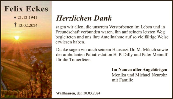 Traueranzeige von Felix Eckes von Allgemeine Zeitung Bad Kreuznach