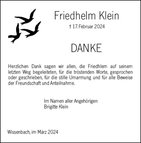 Traueranzeige von Friedhelm Klein von Dill Block