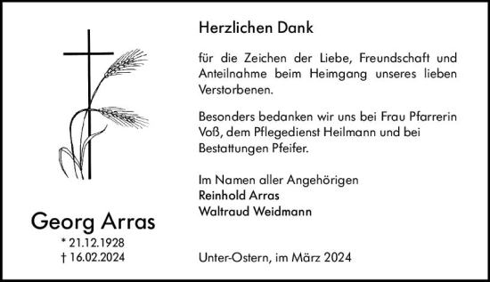 Traueranzeige von Georg Arras von Odenwälder Echo