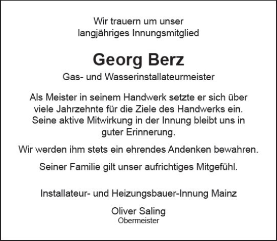 Traueranzeige von Georg Berz von Allgemeine Zeitung Mainz