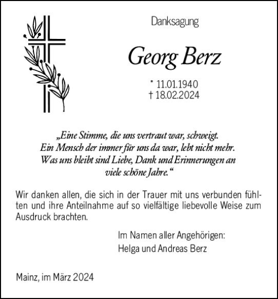 Traueranzeige von Georg Berz von Allgemeine Zeitung Mainz