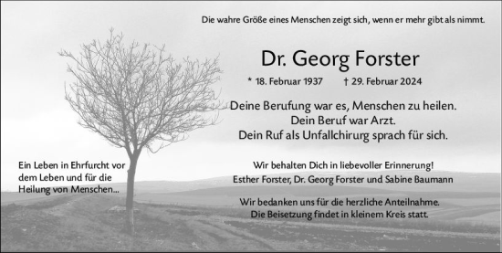 Traueranzeige von Georg Forster von Wetzlarer Neue Zeitung
