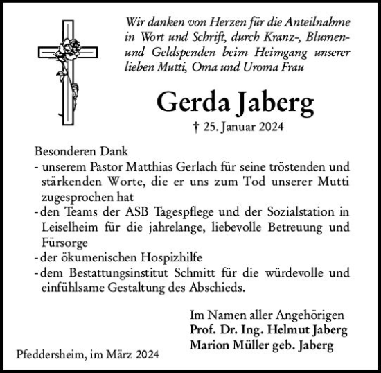 Traueranzeige von Gerda Jaberg von Wormser Zeitung
