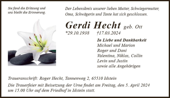 Traueranzeige von Gerdi Hecht von Idsteiner Land/Untertaunus