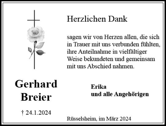 Traueranzeige von Gerhard Breier von Rüsselsheimer Echo