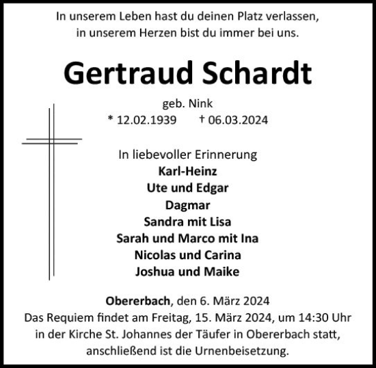 Traueranzeige von Gertraud Schardt von Nassauische Neue Presse