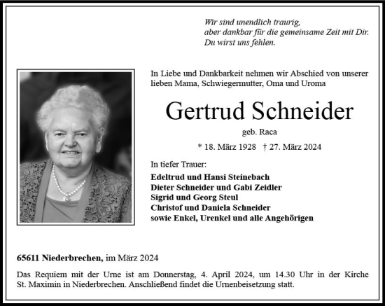 Traueranzeige von Gertrud Schneider von Nassauische Neue Presse