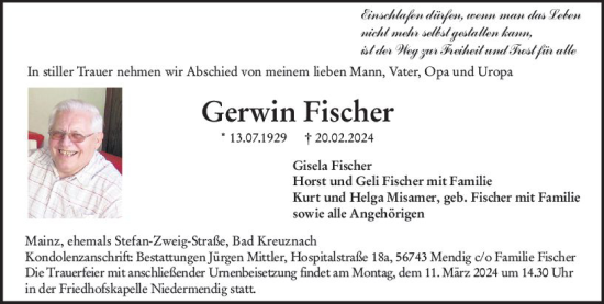 Traueranzeige von Gerwin Fischer von Allgemeine Zeitung Mainz