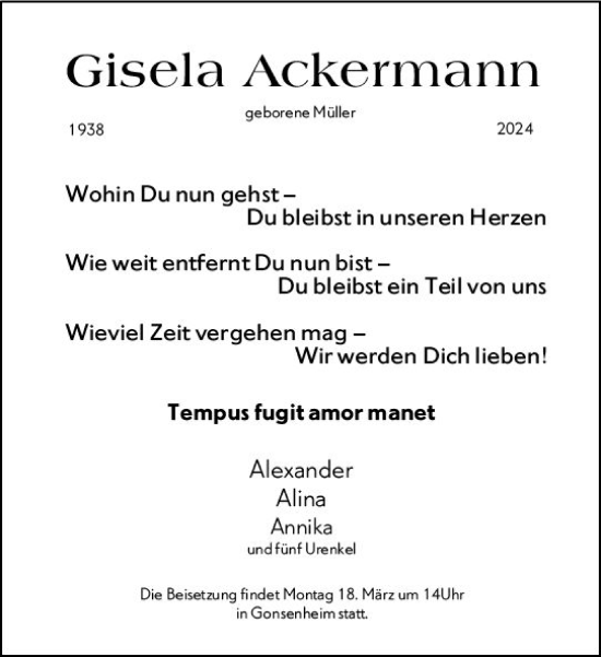 Traueranzeige von Gisela Ackermann von Allgemeine Zeitung Mainz
