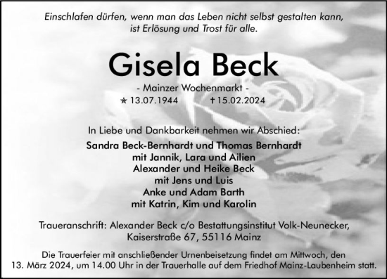Traueranzeige von Gisela Beck von Allgemeine Zeitung Mainz