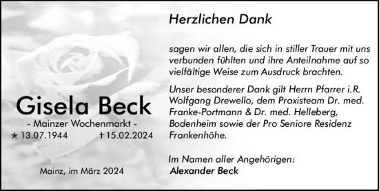 Traueranzeige von Gisela Beck von Allgemeine Zeitung Mainz