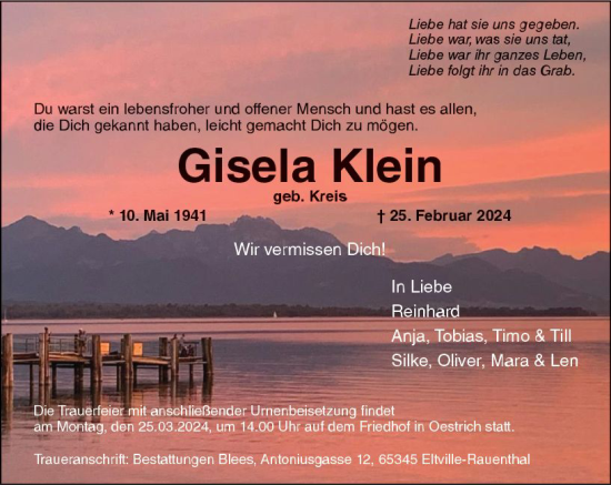 Traueranzeige von Gisela Klein von Rheingau Kurier