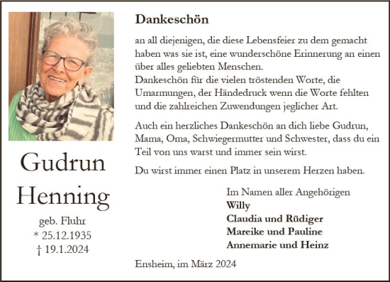 Traueranzeige von Gudrun Henning von Allgemeine Zeitung Alzey