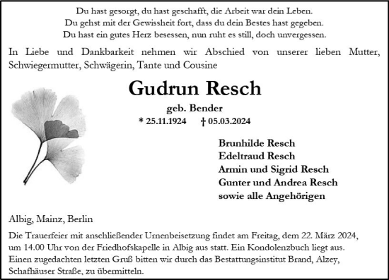 Traueranzeige von Gudrun Resch von Allgemeine Zeitung Alzey