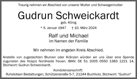 Traueranzeige von Gudrun Schweickardt von Allgemeine Zeitung Bingen/Ingelheim