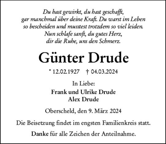Traueranzeige von Günter Drude von Dill Block