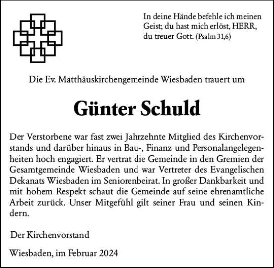Traueranzeige von Günter Schuld von Wiesbadener Kurier
