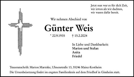 Traueranzeige von Günter Weis von Allgemeine Zeitung Mainz