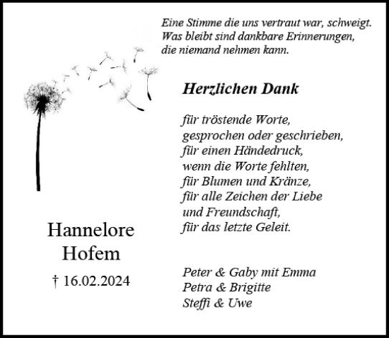 Traueranzeige von Hannelore Hofem von Allgemeine Zeitung Mainz