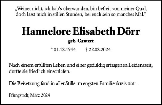 Traueranzeige von Hannelore Elisabeth Dörr von Darmstädter Echo