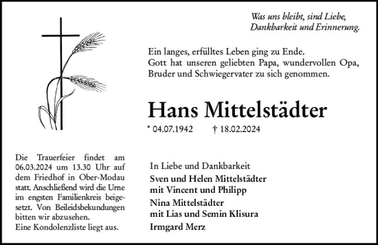 Traueranzeige von Hans Mittelstädter von Darmstädter Echo
