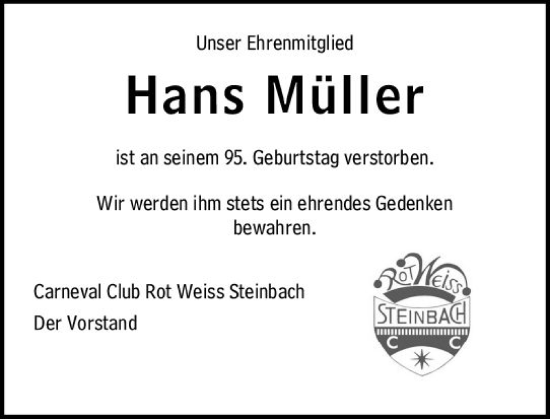 Traueranzeige von Hans Müller von Odenwälder Echo