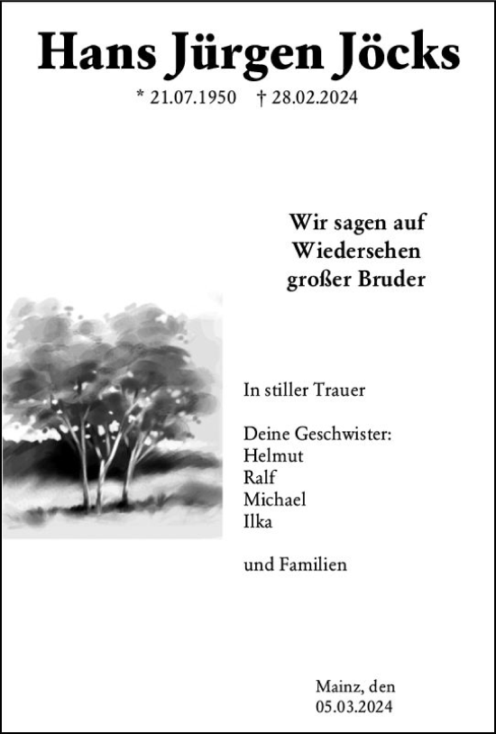 Traueranzeige von Hans Jürgen Jöcks von Allgemeine Zeitung Mainz