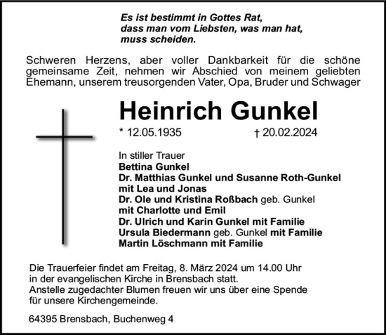 Traueranzeige von Heinrich Gunkel von Odenwälder Echo
