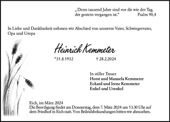 Traueranzeige von Heinrich Kemmeter von Wormser Zeitung