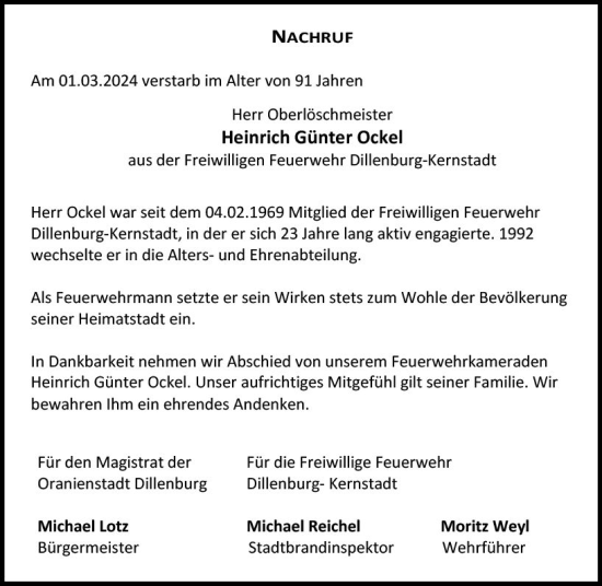 Traueranzeige von Heinrich Günter Ockel von Dill Block