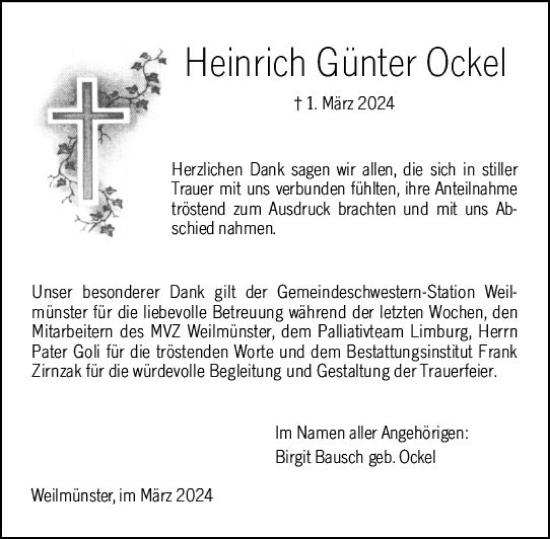Traueranzeige von Heinrich Günter Ockel von Weilburger Tageblatt