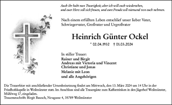 Traueranzeige von Heinrich Günter Ockel von Weilburger Tageblatt