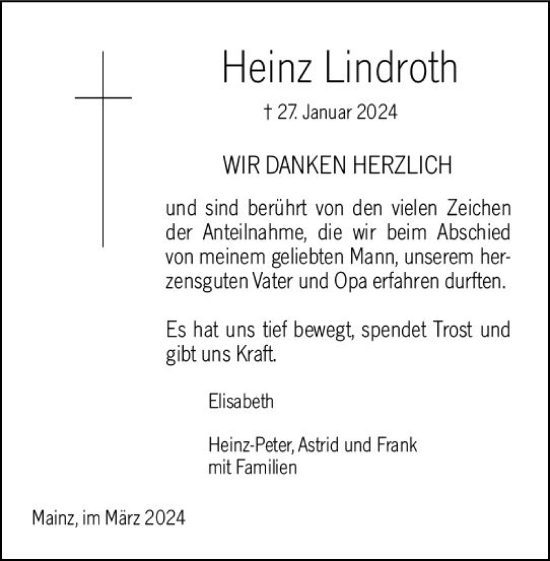 Traueranzeige von Heinz Lindroth von Allgemeine Zeitung Mainz