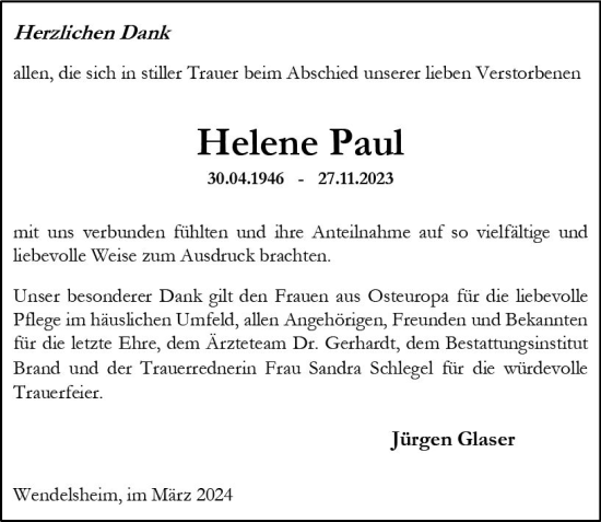 Traueranzeige von Helene Paul von Allgemeine Zeitung Alzey