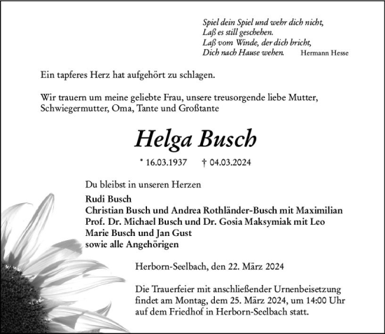 Traueranzeige von Helga Busch von Dill Block