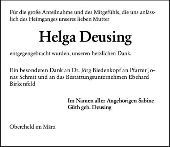 Traueranzeige von Helga Deusing von Dill Block