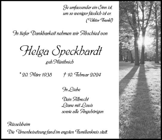 Traueranzeige von Helga Speckhardt von Rüsselsheimer Echo