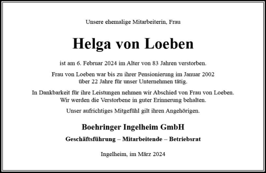 Traueranzeige von Helga von Loeben von Allgemeine Zeitung Bingen/Ingelheim