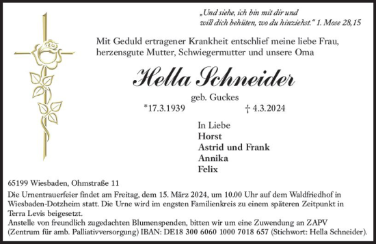 Traueranzeige von Hella Schneider von Wiesbadener Kurier