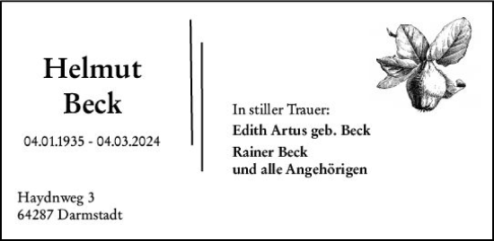 Traueranzeige von Helmut Beck von Darmstädter Echo