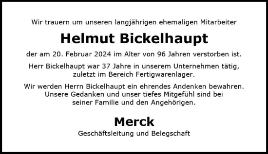 Traueranzeige von Helmut Bickelhaupt von Darmstädter Echo