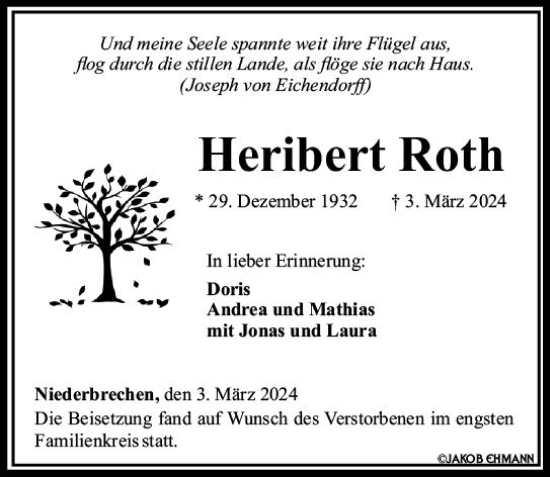 Traueranzeige von Heribert Roth von Camberger Anzeiger