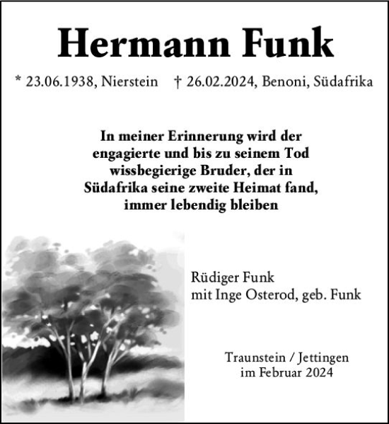 Traueranzeige von Hermann Funk von Allgemeine Zeitung Mainz