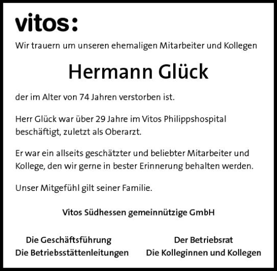 Traueranzeige von Hermann Glück von Groß-Gerauer Echo