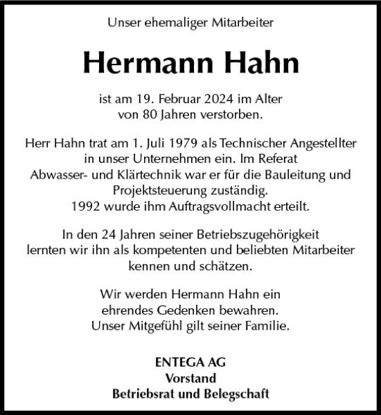 Traueranzeige von Hermann Hahn von Odenwälder Echo