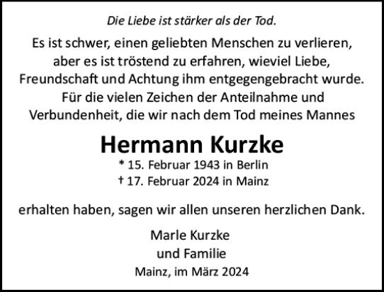 Traueranzeige von Hermann Kurzke von Allgemeine Zeitung Mainz