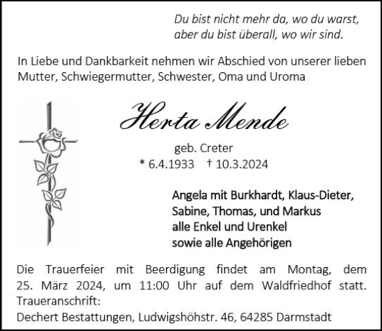 Traueranzeige von Herta Mende von Darmstädter Echo