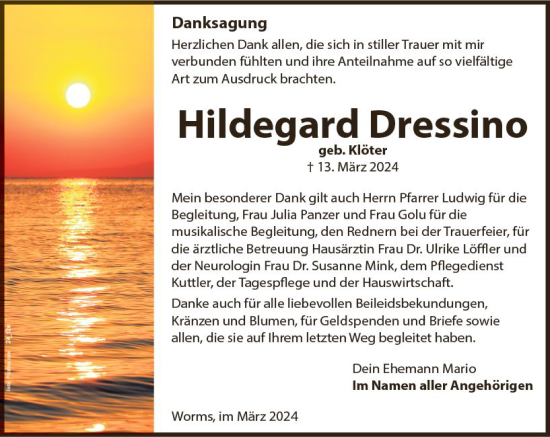 Traueranzeige von Hildegard Dressino von Wormser Zeitung