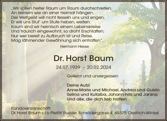 Traueranzeige von Horst Baum von Wiesbadener Kurier