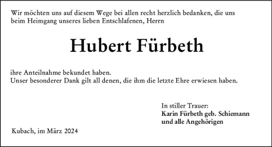 Traueranzeige von Hubert Fürbeth von Weilburger Tageblatt